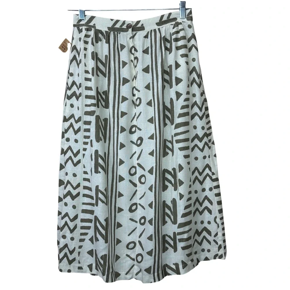 Rumours VTG Tribal Geometric Midi Skirt White Olive Rayon‎ Flax Blend 11/12 USA